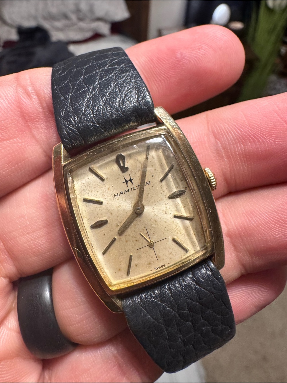 Vintage Hamilton Thinline Manual Wind Watch with Black Leather Strap